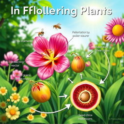 An educational illustration depicting the reproduction process in flowering plants, showcasing key elements such as a vibrant flower with labeled parts including the stamen, pistil, petals, and sepals