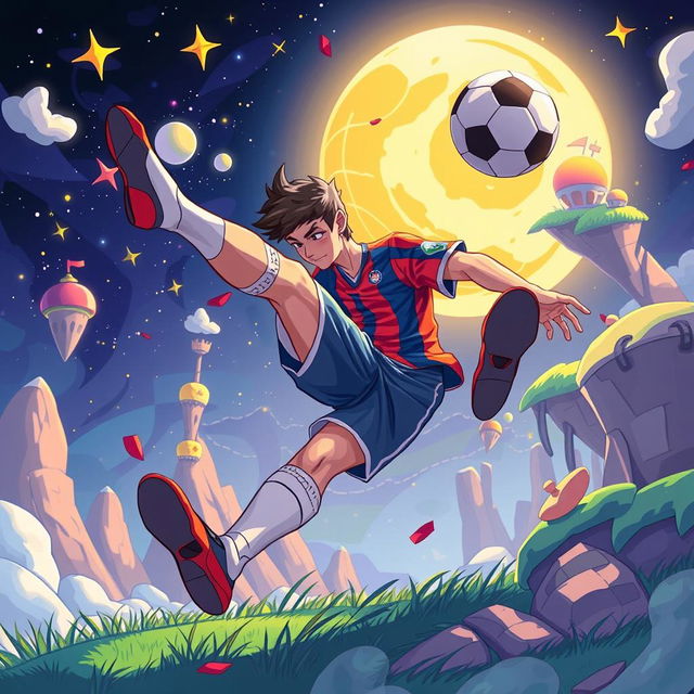 A fantasy illustration featuring a fictional character inspired by a famous soccer player, in a vibrant and surreal environment