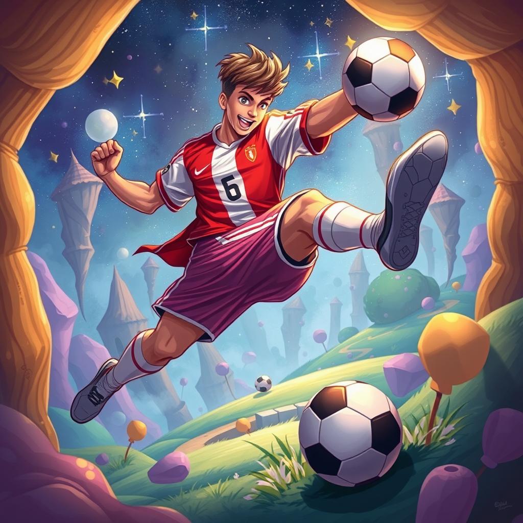 A fantasy illustration featuring a fictional character inspired by a famous soccer player, in a vibrant and surreal environment