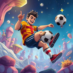 A fantasy illustration featuring a fictional character inspired by a famous soccer player, in a vibrant and surreal environment