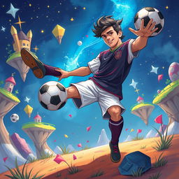 A fantasy illustration featuring a fictional character inspired by a famous soccer player, in a vibrant and surreal environment