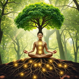 A peaceful scene depicting a person meditating, surrounded by nature