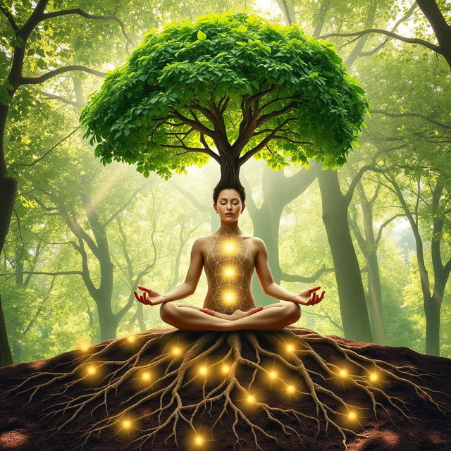 A peaceful scene depicting a person meditating, surrounded by nature