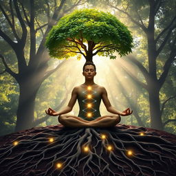 A peaceful scene depicting a person meditating, surrounded by nature