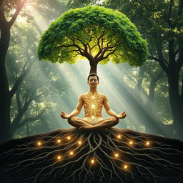 A peaceful scene depicting a person meditating, surrounded by nature