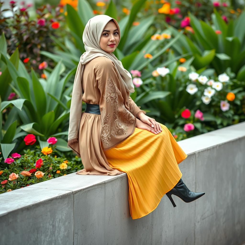 An Iranian woman sits elegantly on the edge of a wall, gently leaning back against a vibrant backdrop of lush plants and colorful flowers