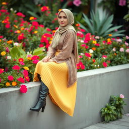 An Iranian woman sits elegantly on the edge of a wall, gently leaning back against a vibrant backdrop of lush plants and colorful flowers