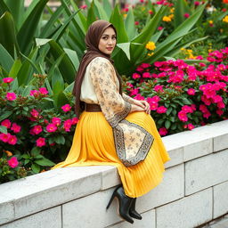 An Iranian woman sits elegantly on the edge of a wall, gently leaning back against a vibrant backdrop of lush plants and colorful flowers