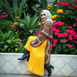 An Iranian woman sits elegantly on the edge of a wall, gently leaning back against a vibrant backdrop of lush plants and colorful flowers
