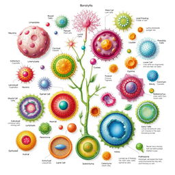 A detailed illustration showcasing various types of cells from both plant and animal kingdoms