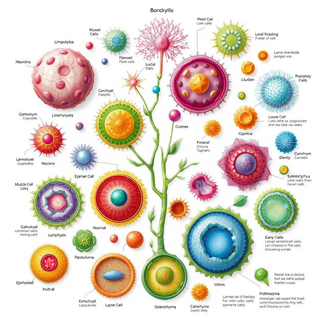 A detailed illustration showcasing various types of cells from both plant and animal kingdoms