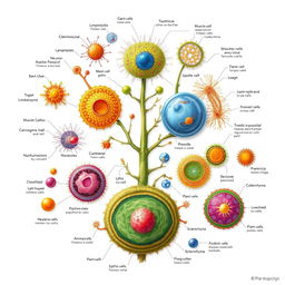 A detailed illustration showcasing various types of cells from both plant and animal kingdoms