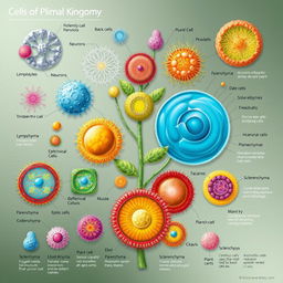 A detailed illustration showcasing various types of cells from both plant and animal kingdoms
