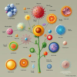 A detailed illustration showcasing various types of cells from both plant and animal kingdoms