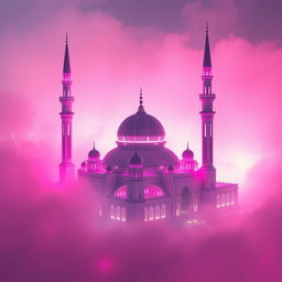 A realistic and futuristic Islamic mosque illuminated with vibrant neon pink and purple lights, surrounded by a dense, glowing pink fog