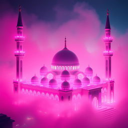 A realistic and futuristic Islamic mosque illuminated with vibrant neon pink and purple lights, surrounded by a dense, glowing pink fog