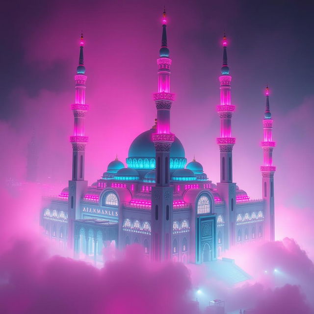 A realistic and futuristic Islamic mosque illuminated with vibrant neon pink and purple lights, surrounded by a dense, glowing pink fog