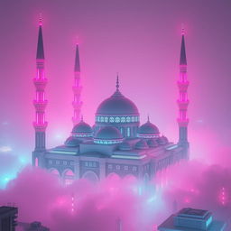 A realistic and futuristic Islamic mosque illuminated with vibrant neon pink and purple lights, surrounded by a dense, glowing pink fog