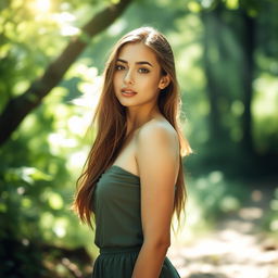 A beautiful young woman standing confidently in a serene natural setting, showcasing her natural beauty and radiating elegance