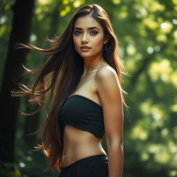 A beautiful young woman standing confidently in a serene natural setting, showcasing her natural beauty and radiating elegance