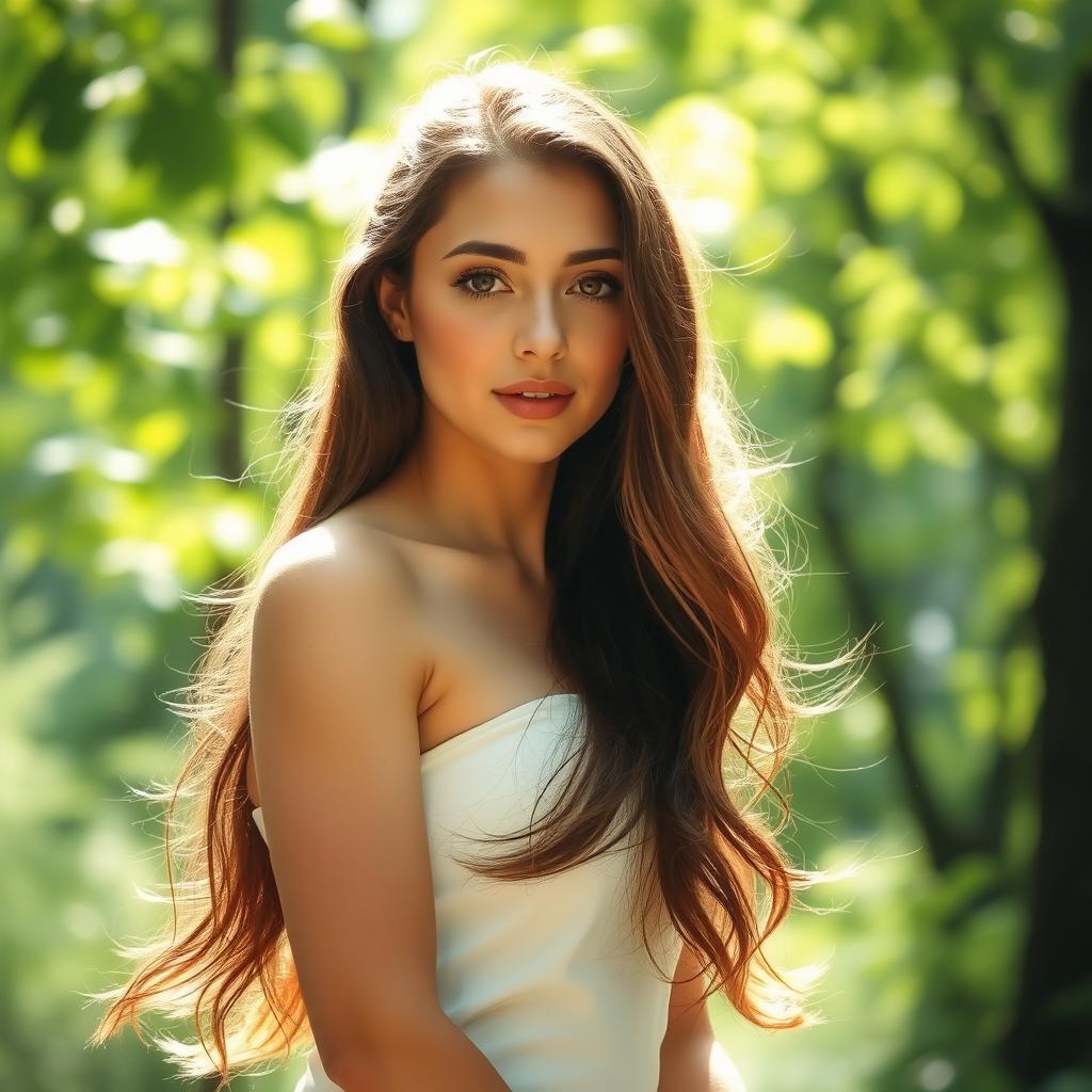 A beautiful young woman standing confidently in a serene natural setting, showcasing her natural beauty and radiating elegance