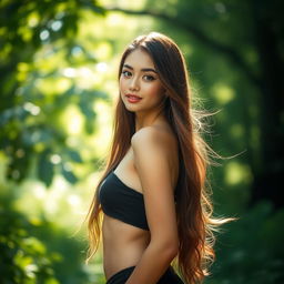 A beautiful young woman standing confidently in a serene natural setting, showcasing her natural beauty and radiating elegance