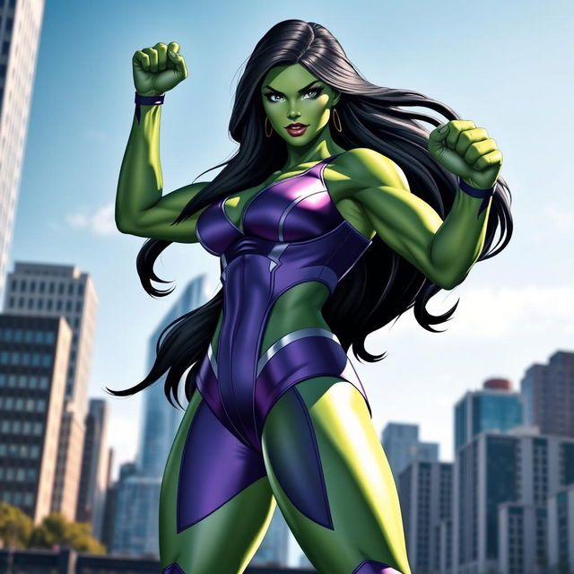 A powerful and confident She-Hulk standing in an action pose, showcasing her muscular green physique