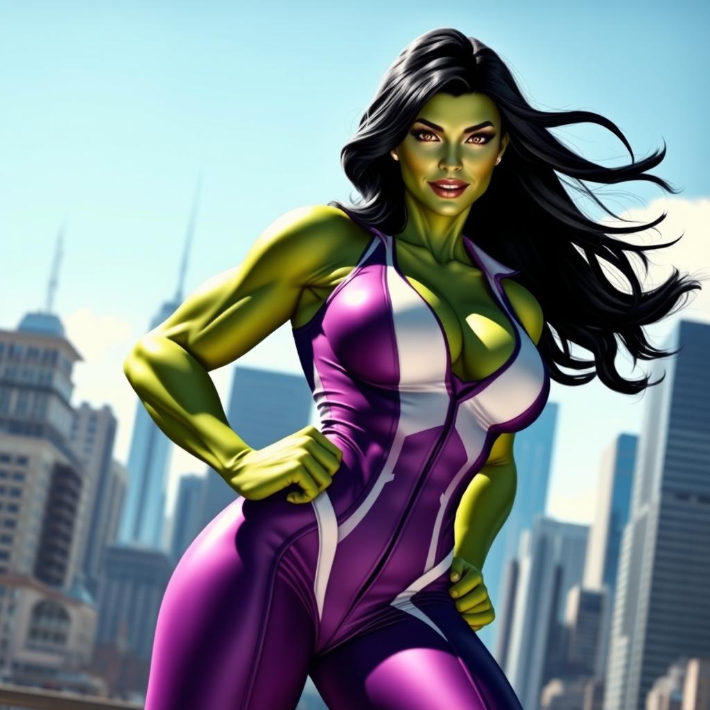 A powerful and confident She-Hulk standing in an action pose, showcasing her muscular green physique