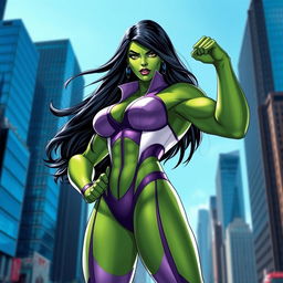 A powerful and confident She-Hulk standing in an action pose, showcasing her muscular green physique