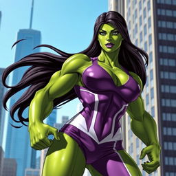 A powerful and confident She-Hulk standing in an action pose, showcasing her muscular green physique