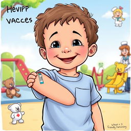 An editorial cartoon depicting a young child proudly showing off a vaccination sticker on their arm