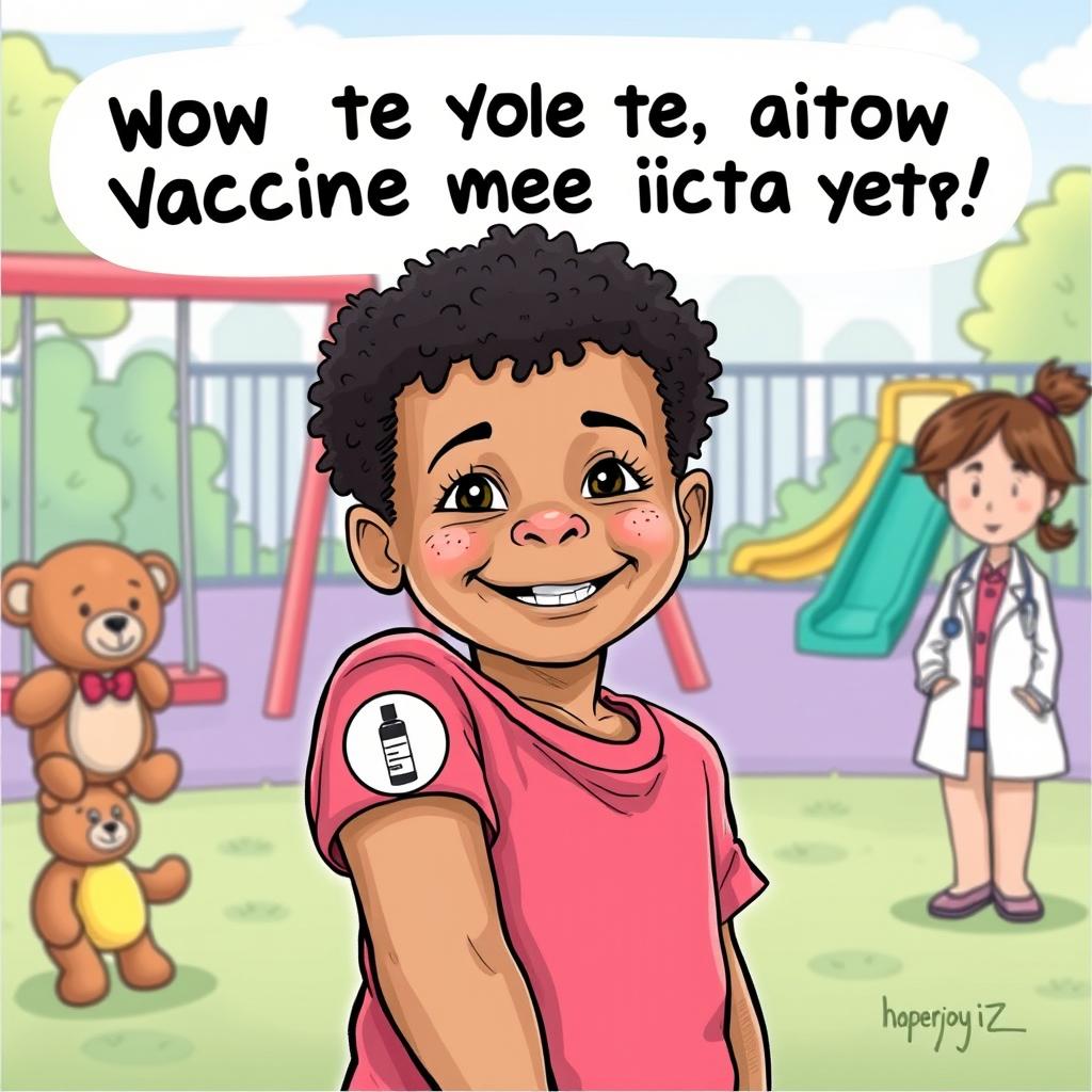 An editorial cartoon depicting a young child proudly showing off a vaccination sticker on their arm