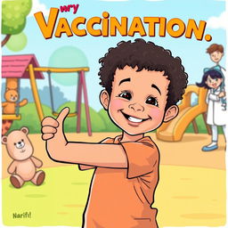 An editorial cartoon depicting a young child proudly showing off a vaccination sticker on their arm