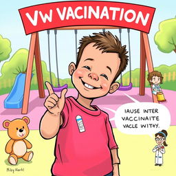 An editorial cartoon depicting a young child proudly showing off a vaccination sticker on their arm