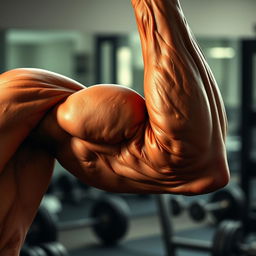 A close-up of an incredibly muscular male arm, showcasing detailed and prominent veins bulging against the skin, with a sun-kissed bronze tone highlighting the muscle definition