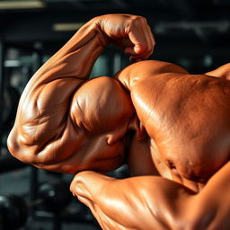 A close-up of an incredibly muscular male arm, showcasing detailed and prominent veins bulging against the skin, with a sun-kissed bronze tone highlighting the muscle definition