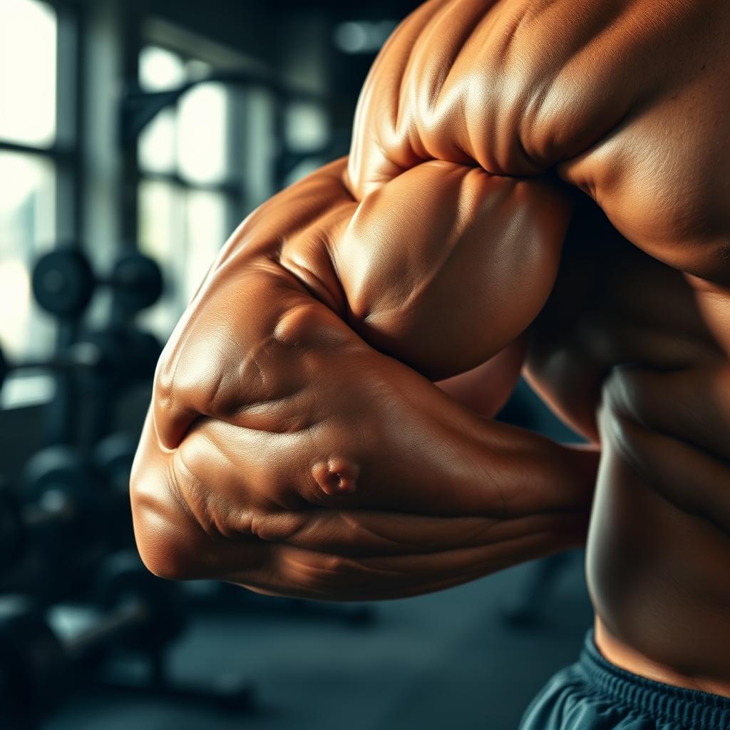 A close-up of an incredibly muscular male arm, showcasing detailed and prominent veins bulging against the skin, with a sun-kissed bronze tone highlighting the muscle definition