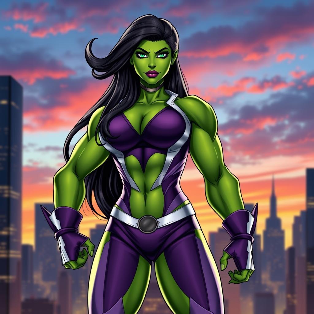 A powerful and fierce female superhero standing confidently, embodying the She-Hulk character