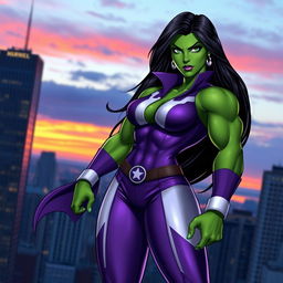 A powerful and fierce female superhero standing confidently, embodying the She-Hulk character