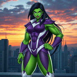 A powerful and fierce female superhero standing confidently, embodying the She-Hulk character