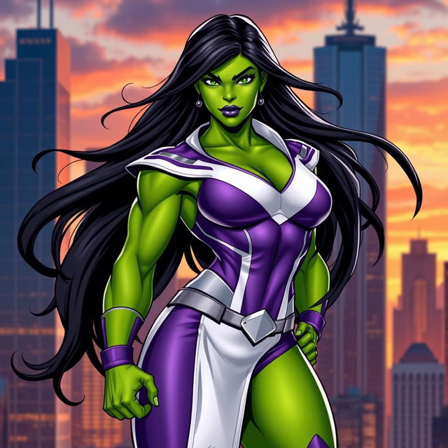 A powerful and fierce female superhero standing confidently, embodying the She-Hulk character