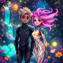 A whimsical, vibrant scene of a fantasy character with luminous, soft pink skin wearing an intricately designed futuristic suit, standing confidently in a lush, enchanted forest filled with vibrant flowers and glowing orbs of light