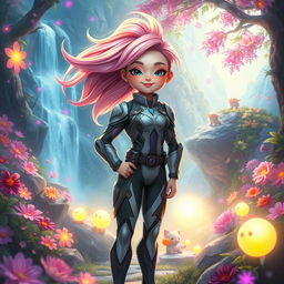 A whimsical, vibrant scene of a fantasy character with luminous, soft pink skin wearing an intricately designed futuristic suit, standing confidently in a lush, enchanted forest filled with vibrant flowers and glowing orbs of light