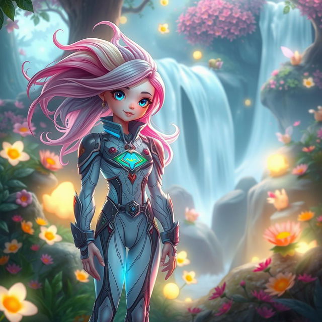 A whimsical, vibrant scene of a fantasy character with luminous, soft pink skin wearing an intricately designed futuristic suit, standing confidently in a lush, enchanted forest filled with vibrant flowers and glowing orbs of light