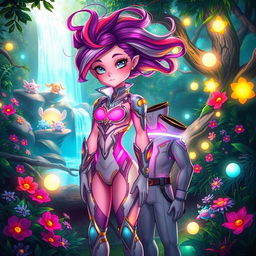 A whimsical, vibrant scene of a fantasy character with luminous, soft pink skin wearing an intricately designed futuristic suit, standing confidently in a lush, enchanted forest filled with vibrant flowers and glowing orbs of light