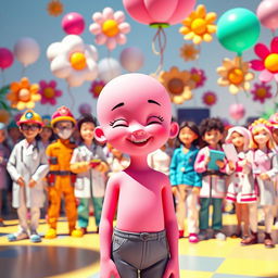 A vibrant and surreal digital artwork featuring a pink humanoid character with smooth skin and an expression of joy, standing prominently in the foreground
