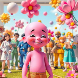 A vibrant and surreal digital artwork featuring a pink humanoid character with smooth skin and an expression of joy, standing prominently in the foreground