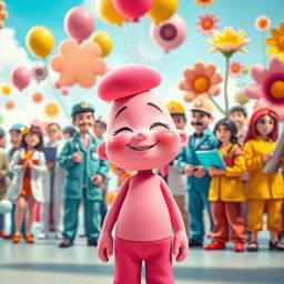 A vibrant and surreal digital artwork featuring a pink humanoid character with smooth skin and an expression of joy, standing prominently in the foreground