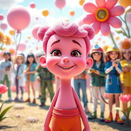 A vibrant and surreal digital artwork featuring a pink humanoid character with smooth skin and an expression of joy, standing prominently in the foreground