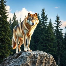 A majestic wolf standing proudly on a rocky outcrop, with its fur glistening in the sunlight